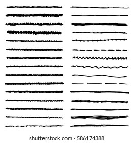 Wavy, curly, dotted, straight and zigzag hand drawing marker lines. Templates of vector strokes for brushes