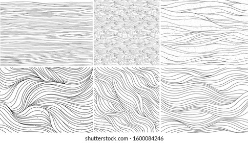 Wavy curly patterns set, black and white abstract vector backgrounds.