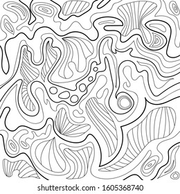 Wavy curly patterns set, black and white abstract vector backgrounds. Black outline hand drawing coloring book for children and adults. Beautiful drawings with small details. Design for cards, flyers.
