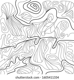 Wavy curly patterns set, black and white abstract vector backgrounds. Black outline hand drawing coloring book for children and adults. Beautiful drawings with small details. Design for cards, flyers.