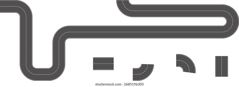 Carretera Wavy Curve. Vista superior del hipódromo. Carretera sinuosa desde la Ilustración vectorial de la vista superior. Carretera de asfalto vacía, Carretera Ariel View, Carretera vacía de asfalto negro con líneas divisorias.