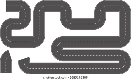Carretera Wavy Curve. Vista superior del hipódromo. Carretera sinuosa desde la Ilustración vectorial de la vista superior. Carretera de asfalto vacía, Carretera Ariel View, Carretera vacía de asfalto negro con líneas divisorias.