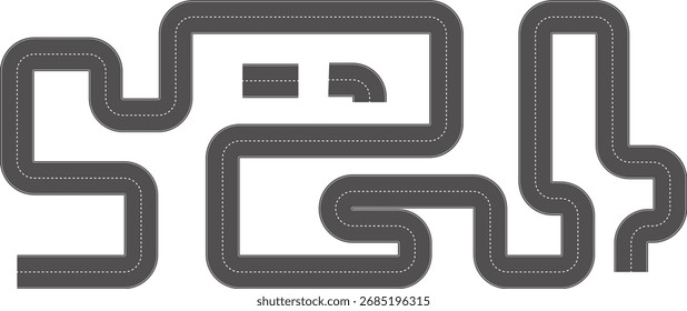 Wellenförmige Kurvenstrasse. Draufsicht auf die Rennstrecke. Winding road from top view, Vektorgrafik. Leere Autobahn Asphaltstraße, Ariel View Road, Leere Autobahn schwarzer Asphalt mit Trennlinien.