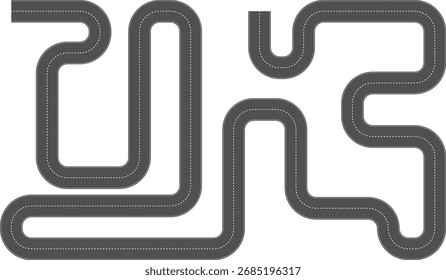Carretera Wavy Curve. Vista superior del hipódromo. Carretera sinuosa desde la Ilustración vectorial de la vista superior. Carretera de asfalto vacía, Carretera Ariel View, Carretera vacía de asfalto negro con líneas divisorias.