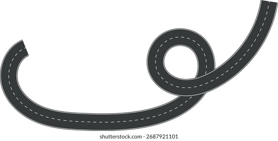Carretera Wavy Curve. Vista superior del hipódromo. Carretera sinuosa desde la Ilustración vectorial de la vista superior. Carretera de asfalto vacía, carretera de asfalto negro con líneas divisorias. Elementos de carretera de asfalto para el juego UI