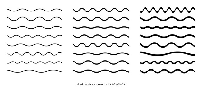 Wavy curve zig zag line pattern. Black underlines wave line and wavy zigzag lines. smooth end squiggly horizontal curvy squiggles on white background.