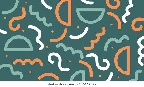 Wavy and curved abstract elements in white, orange, and muted teal on a deep green background. Ideal for modern and trendy visual projects.