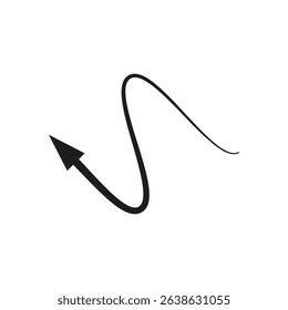 Wavy curved arrow. Thin long flexible arrow. Vector illustration.