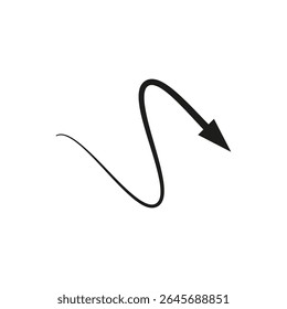 Wavy curved arrow. Thin long flexible arrow. Vector illustration.