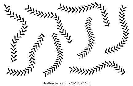 Conjunto de flechas curvas onduladas: ilustración de estilo dibujado a mano sobre fondo blanco.