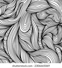 Wavy curved line background template art. Thin black lines on white. Pencil sketch texture. Hand-drawn doodle. Abstract drawing.