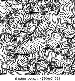 Wavy curved line background template art. Thin black lines on white. Pencil sketch texture. Hand-drawn doodle. Abstract drawing.