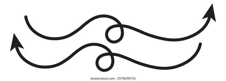 wavy curved Long arrow icon. long line arrow vector. flat style Arrow symbol. arrow on a white background. vector illustration.Hand drawn semibold line arrows set. Vector curvy, wavy and straight 