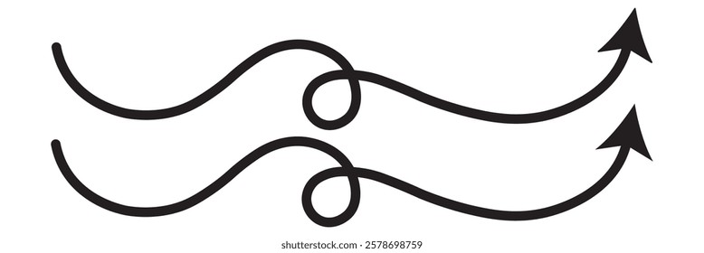 wavy curved Long arrow icon. long line arrow vector. flat style Arrow symbol. arrow on a white background. vector illustration.Hand drawn semibold line arrows set. Vector curvy, wavy and straight 