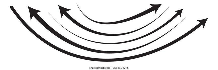wavy curved Long arrow icon. long line arrow vector. Curved arrows, hand drawn curved arrows. Set long black curve arrow icon vector.  black curve arrow icon set.