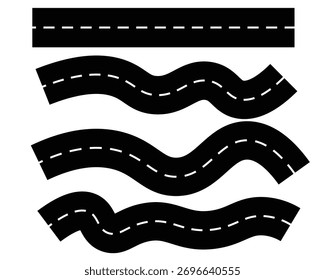 Wavy Curved Road Vector Set – Top View Horizontal Asphalt Road Templates for Urban Planning and Transport Design
