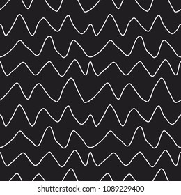 Wavy curved zig zag lines seamless vector pattern. Hand drawn dynamic shapes abstract background. Black and white simple doodles. Continuous minimal texture. Messy scrawled artistic design elements.
