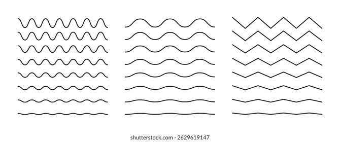 Wavy, curvy black lines. Sine, fluid, air, wind sign. Undulate borders, transverse horizontal thin lines. Water, river, lake, sea, ocean symbols. Outline graphic illustration on white background.