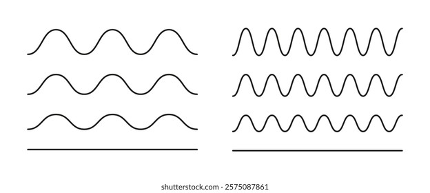 Wavy, curvy lines icon. Undulate borders, transverse horizontal lines. Sine, fluid, air, wind signs. Water, river, lake, sea, ocean minimal symbol. Outline illustration isolated on a white background.