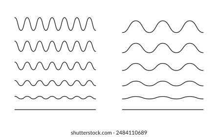 Líneas onduladas y curvas. Bordes ondulados simples, líneas Horizontales transversales. Seno, fluido, aire, señales de viento. Agua, río, lago, mar, océano símbolo. Ilustración gráfica de contorno sobre fondo blanco.