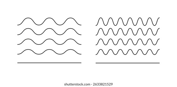 Wavy, curvy lines. Water, river, lake, sea, ocean flat symbols. Simple undulate borders, transverse horizontal lines templates. Sine, fluid, air, wind sign. Outline black thin graphic illustration.