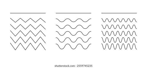 Wavy, curvy, undulate borders, transverse horizontal lines. Sine, fluid, air, wind signs. Water, river, lake, sea, ocean symbols. Minimalist graphic.