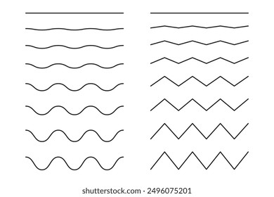 Conjunto de líneas onduladas, curvas y en zigzag. Fronteras onduladas, línea Horizontal transversal. Sine, ondulación, fluido, aire, señales de viento. Agua, río, lago, mar, océano, Plantilla. Trazo de patrón negro.