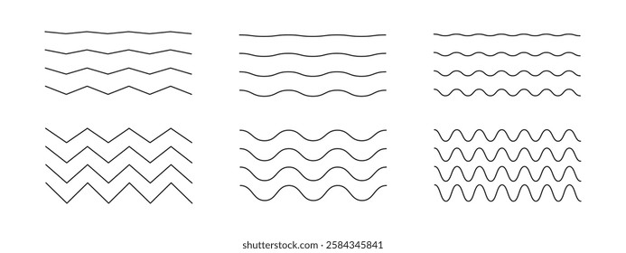 Wavy, curvy, zigzag lines set. Undulate borders, transverse horizontal line. Sine, fluid, air, wind signs. Water, river, lake, sea, ocean symbol. Wave ornament pattern.