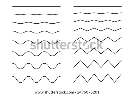 Wavy, curvy, zigzag lines set. Undulate borders, transverse horizontal line. Sine, ripple, fluid, air, wind signs. Water, river, lake, sea, ocean symbol, template. Black pattern stroke.