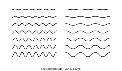 Wavy, curvy, zigzag lines. Transverse horizontal lines. Simple undulate borders. Air, sine, fluid, wind sign collection. River, water, lake, ocean or sea symbol. Outline graphic isolated.