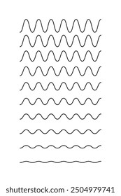 Wavy, curvy, zigzag lines. Undulate borders, transverse horizontal lines. Water, river, lake, sea ocean symbol. Sine, fluid, air, wind sign. Outline graphic illustration isolated on white background.