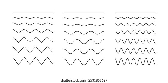 Wellenförmige, kurvige, zickzackförmige Linien. Undulate Ränder, horizontale Querlinien. Wassermuster, Fluss, See, Meer, Ozean-Symbol. Sinus, Flüssigkeit, Luft, Windzeichen. 