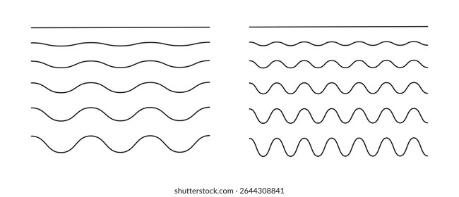 Wavy, curvy, zigzag lines. Undulate borders, transverse horizontal line collection. Sine, fluid, air, wind signs, template. Water, river, lake, sea, ocean symbol, icon. Outline graphic illustration.