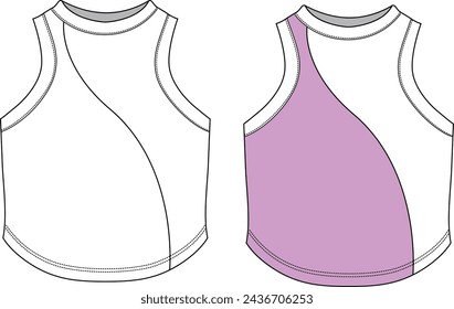 wavy cut front size women jersey top CAD, sleeveless top fashion design, tank top design drawing, 2024 fashion CAD