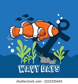 wavy days day with fish illustration, hand drawing animal character. Vector print for tee shirt, character, hand drawing, animal. Vector Illustration