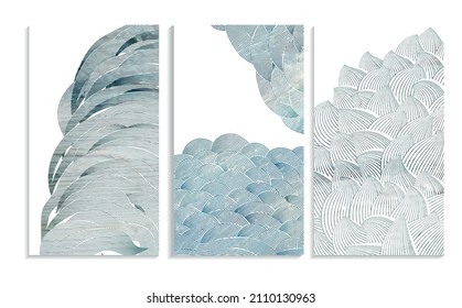 efecto de dibujo decorativo ondulado, pintura de aceite azul texturado conjunto de plantillas de fondo vectorial