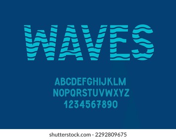 Wavy Deep Sea Alphabet. Sliced Waves Font. English Vector Ocean Letters and Numbers.