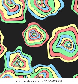 Wavy Deformed Spots. Purple Abstract Background. Seamless Pattern with Distorted Circles. Vector Psychedelic Illustration with Colorful Rounds. Wave Seamless Pattern for Fabric, Textile, Cloth Design.