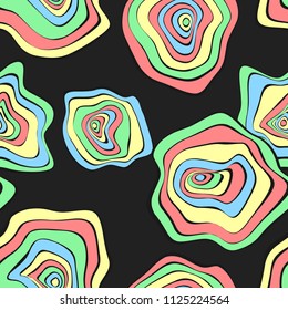 Wavy Deformed Spots. Purple Abstract Background. Seamless Pattern with Distorted Circles. Vector Psychedelic Illustration with Colorful Rounds. Wave Seamless Pattern for Fabric, Textile, Cloth Design.