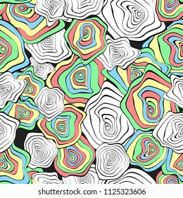 Wavy Deformed Spots. Purple Abstract Background. Seamless Pattern with Distorted Circles. Vector Psychedelic Illustration with Colorful Rounds. Wave Seamless Pattern for Fabric, Textile, Cloth Design.