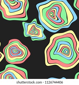 Wavy Deformed Spots. Purple Abstract Background. Seamless Pattern with Distorted Circles. Vector Psychedelic Illustration with Colorful Rounds. Wave Seamless Pattern for Fabric, Textile, Cloth Design.