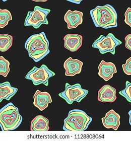 Wavy Deformed Spots. Purple Abstract Background. Seamless Pattern with Distorted Circles. Vector Psychedelic Illustration with Colorful Rounds. Wave Seamless Pattern for Fabric, Textile, Cloth Design.