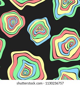 Wavy Deformed Spots. Purple Abstract Background. Seamless Pattern with Distorted Circles. Vector Psychedelic Illustration with Colorful Rounds. Wave Seamless Pattern for Fabric, Textile, Cloth Design.