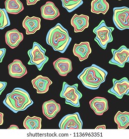 Wavy Deformed Spots. Purple Abstract Background. Seamless Pattern with Distorted Circles. Vector Psychedelic Illustration with Colorful Rounds. Wave Seamless Pattern for Fabric, Textile, Cloth Design.