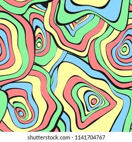 Wavy Deformed Spots. Purple Abstract Background. Seamless Pattern with Distorted Circles. Vector Psychedelic Illustration with Colorful Rounds. Wave Seamless Pattern for Fabric, Textile, Cloth Design.