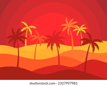 Wavy desert landscape with sun and palm trees in cut paper style. Sunrise in the desert, sand dunes with silhouettes of palm trees. Design for print, banners and posters. Vetornaya illustration
