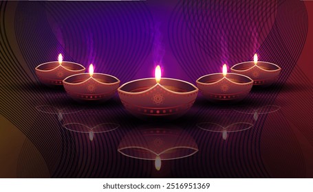 Wavy design with Diwali day lamps. Indian festival of lights of goddess Deepavali.