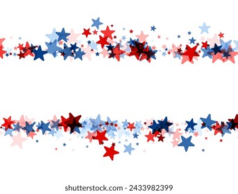 A wavy design of red and blue stars creating a dynamic and flowing patriotic pattern on a clear background. Vector illustration