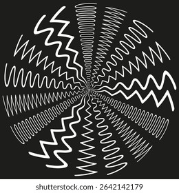 Wavy disc form. Hypnotic round icon. Zigzag motion shape. Vector black pattern.