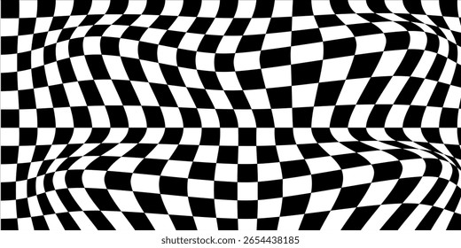 Wellen-verzerrtes Schachbrett mit schwarz-weißer optischer Illusion. Perfekt für Retro-, Trippy- und abstrakte Hintergrunddesigns. Vektor-EPS-Format.
